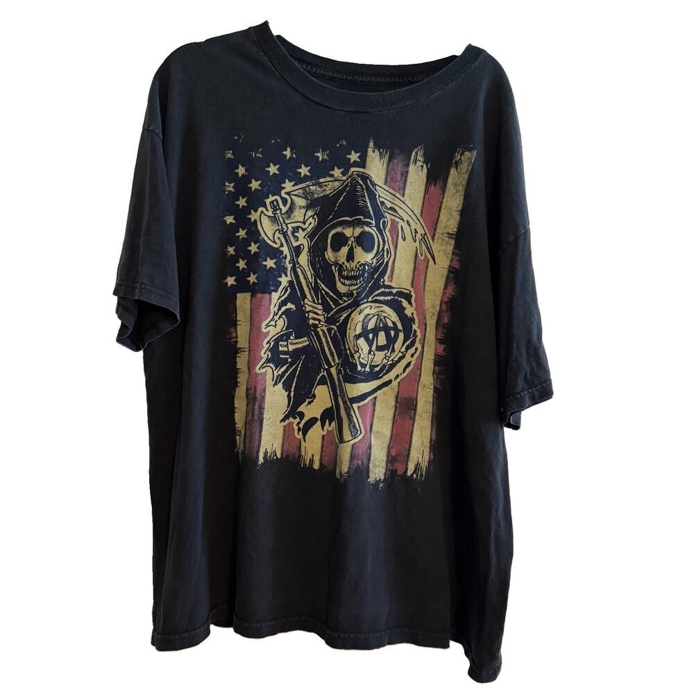Sons of Anarchy Road Gear T Shirt Skull Reaper American Flag Graphic Black 2XL